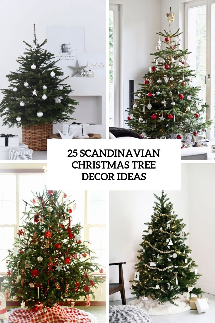 christmas tree decorated with red and white ornaments in various stages of decoration, including the words 25 scandinavian christmas tree decor ideas