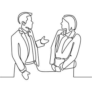 one line drawing of two men talking to each other on a table with their hands together