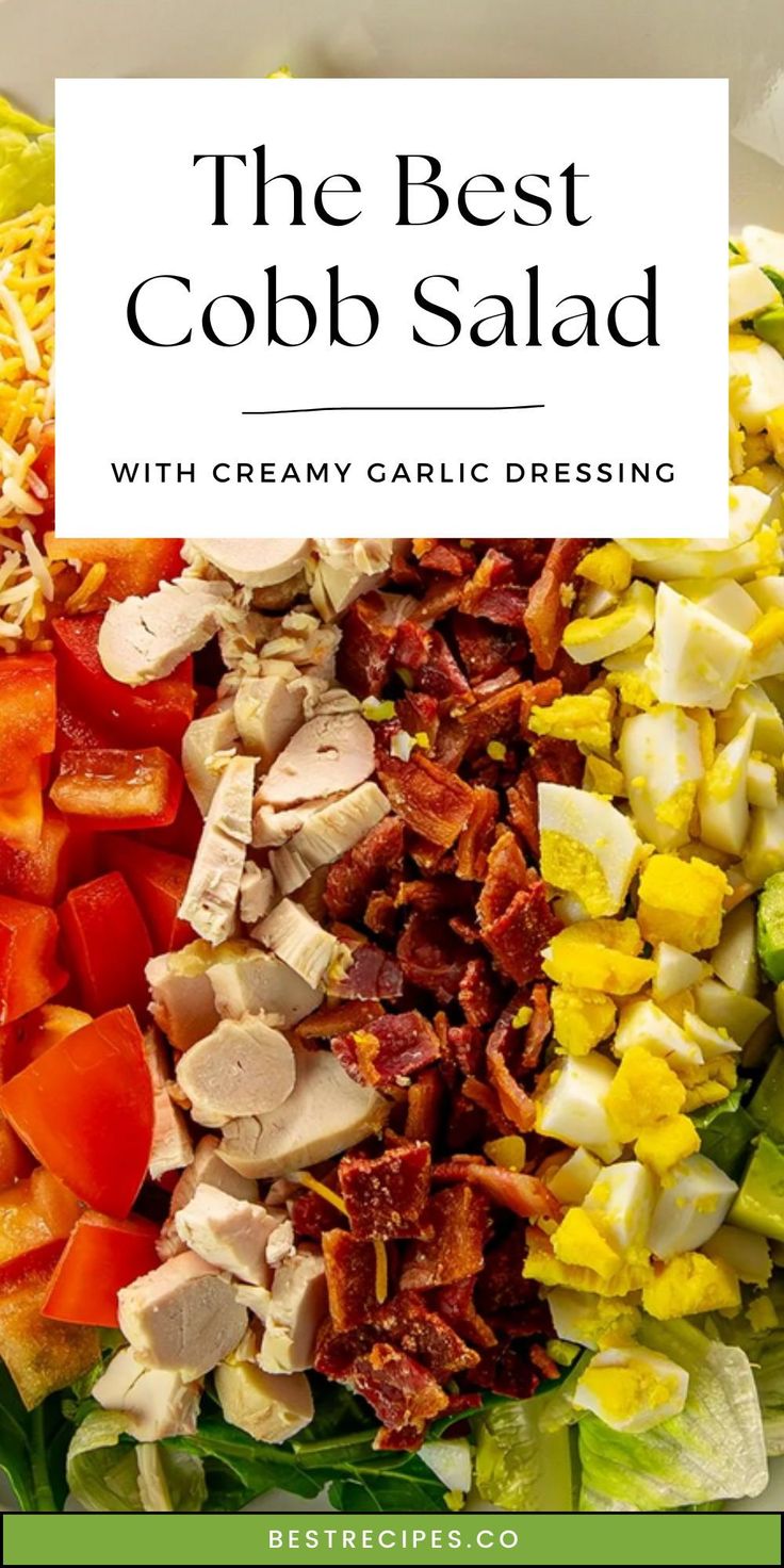 Learn how to make the best Chicken Cobb Salad with fresh ingredients, including chopped spinach, bacon, hard-boiled eggs, and avocado. The homemade dressing ties everything together perfectly. Save this pin to your salad recipe board and try this easy, healthy dish today! Easy Cobb Salad Recipe, Cob Salad Dressing, Chicken Bacon Salad Recipe, Keto Cobb Salad, Cob Salad Recipe, Chicken Cobb Salad, Cob Salad, Chopped Cobb Salad, Cobb Salad Dressing