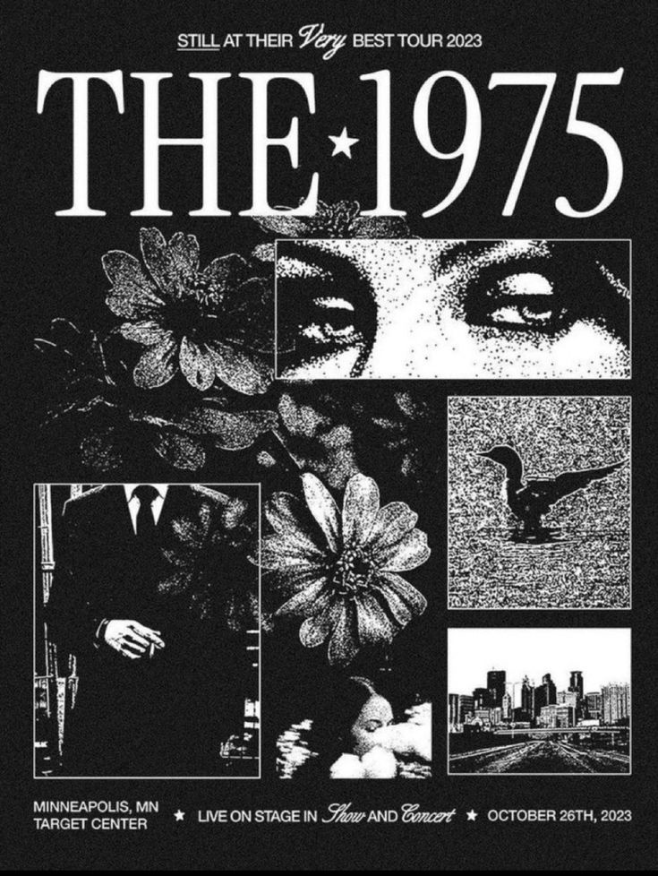 an advertisement for the 1970 concert, with images of people and flowers in black and white