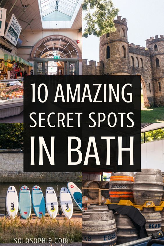 the words 10 amazing secret spots in bath are overlaid by images of surfboards