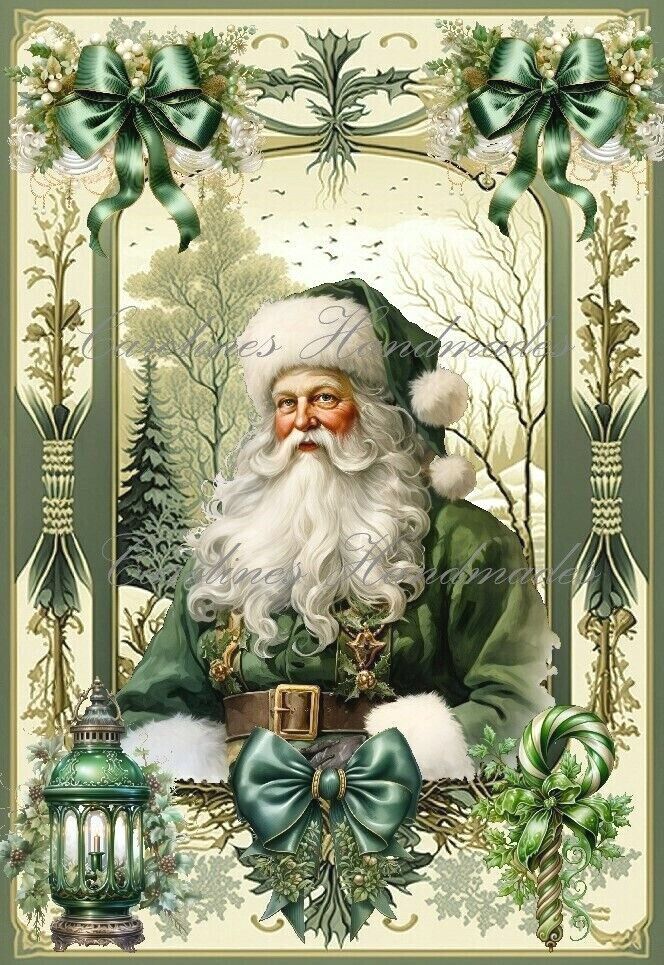 a christmas card with a santa clause holding a green lantern in front of trees and bows