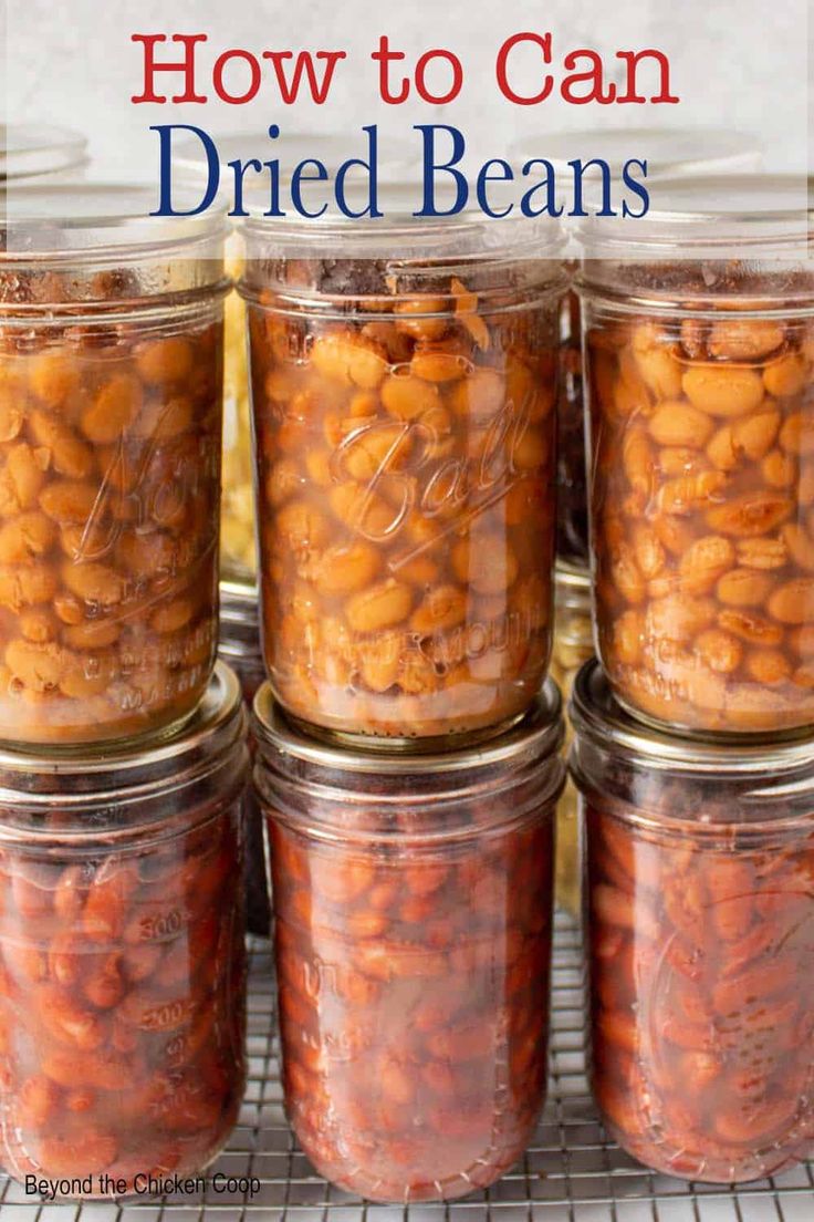 jars filled with canned beans sitting on top of a wire rack next to each other