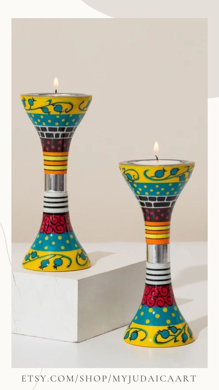 Hand Painted Shabbat Candle Holders Shabbat Dinner Table, Jewish Candle, Shabbat Candle Holders, Shabbat Dinner, Jewish Home, Shabbat Candles, Judaica Gifts, Jewish Gifts, Jewish Art