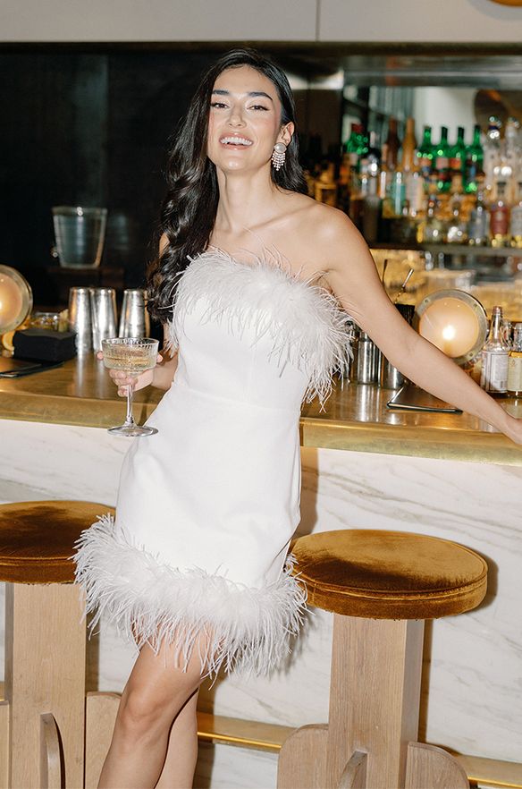 Emerson Crepe + Feathers Mini Dress After Wedding Party Dresses, Rehearsal Dinner Outfit, After Wedding Dress, Wedding Parties Colors, Wedding After Party, Wedding Reception Dress, Bridal Shower Dress, Bridesmaid Dress Colors, Feather Trim