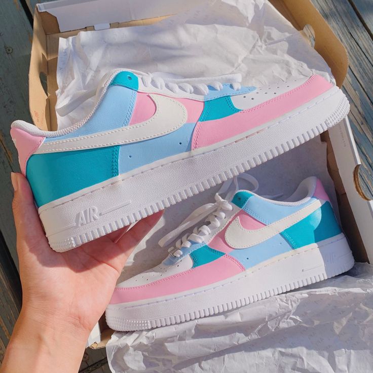 Teal, pastel pink and blue painted on all sides of the shoe with leather paint Finished coat of acrylic finisher - waterproof and durable Custom Air Force 1 Pink And Blue, Pink And Blue Sneakers, Nike Pastel Shoes, Pink High-top Custom Sneakers With Waterproof Paint, Hand Painted Pink Sneakers For Spring, Casual Pink Custom Sneakers With Waterproof Paint, Pink Hand Painted Custom Sneakers For Streetwear, Casual Custom Pink Sneakers With Waterproof Paint, Pink Hand Painted Casual Custom Sneakers