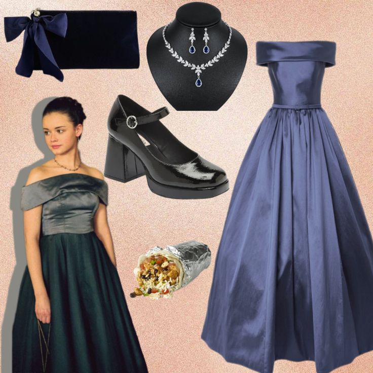 a woman in a blue dress and accessories