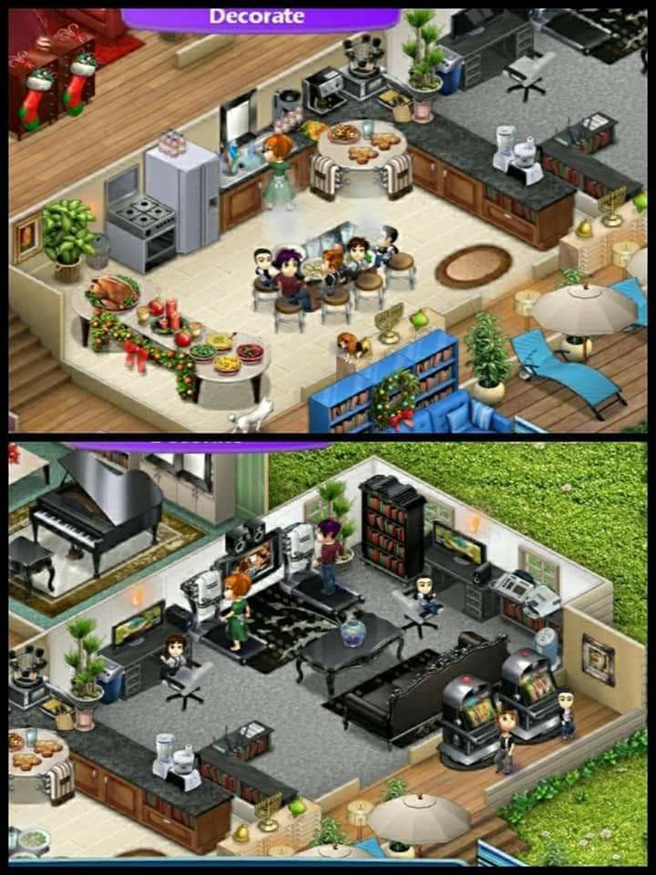 two pictures of the same kitchen and living room