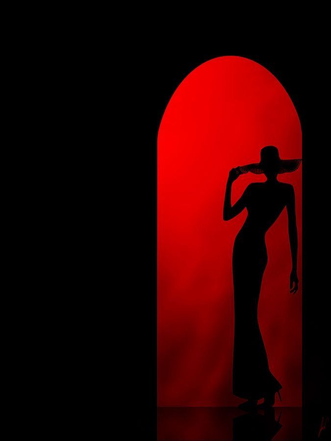 the silhouette of a woman in a long dress and hat is shown against a red background