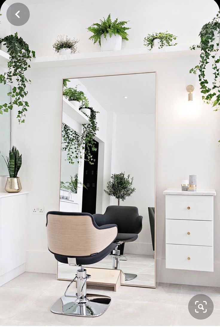 a salon chair sitting in front of a mirror with potted plants on the wall