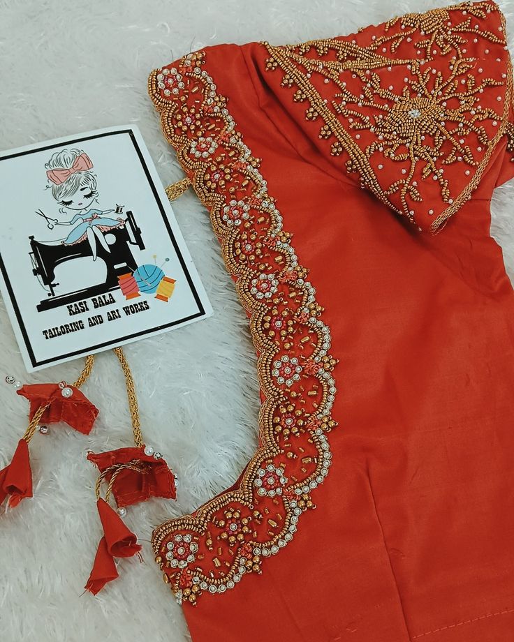 Orange Saree Contrast Blouse, Blouse Beads Work, Blouse Designs Aari Work, Aari Blouses, Magam Work Designs, Maggam Blouses, Magam Work, Blouse Maggam Work, Maggam Blouse