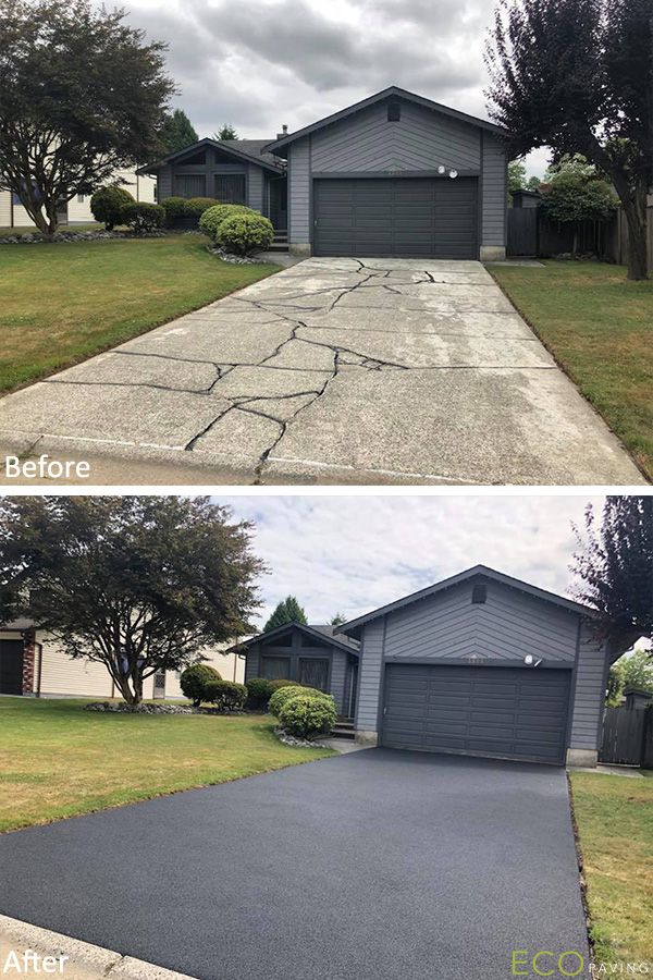 before and after photos of a driveway being paved with asphalt in front of a house