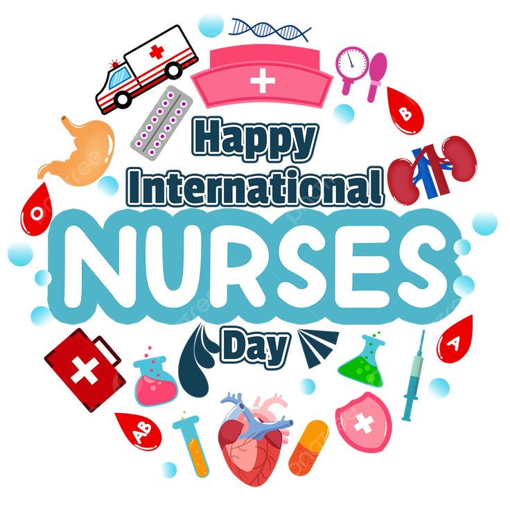 happy international nurses day card with medical icons in the shape of a circle on a white background