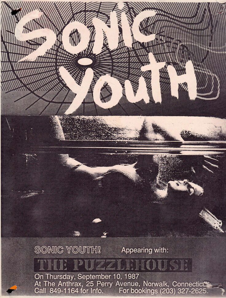 the poster for sonic youth's upcoming show, featuring an image of a man laying on