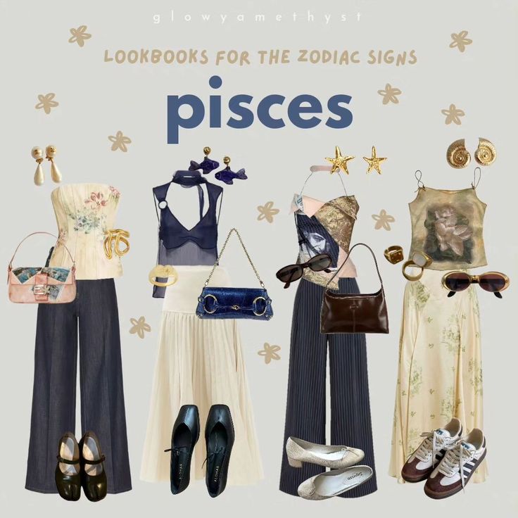 🌟 lookbooks for zodiac signs part 1/3 ✨️ • whats ypur sign? im a virgo 💌 • fc: 107k date: july 30th • tags: #glowyamethyst #moodboard #moodboards #zodiacsigns #signs #capricorn #aquarius #pisces #aries Pisces Venus Outfits Aesthetic, Pisces Aesthetic Clothes, Pisces Style Aesthetic, Pisces Venus Fashion, Pisces Fashion Aesthetic, Pisces Clothes, Pisces Rising Style, Pisces Venus Style Outfits, Pisces Venus Outfits