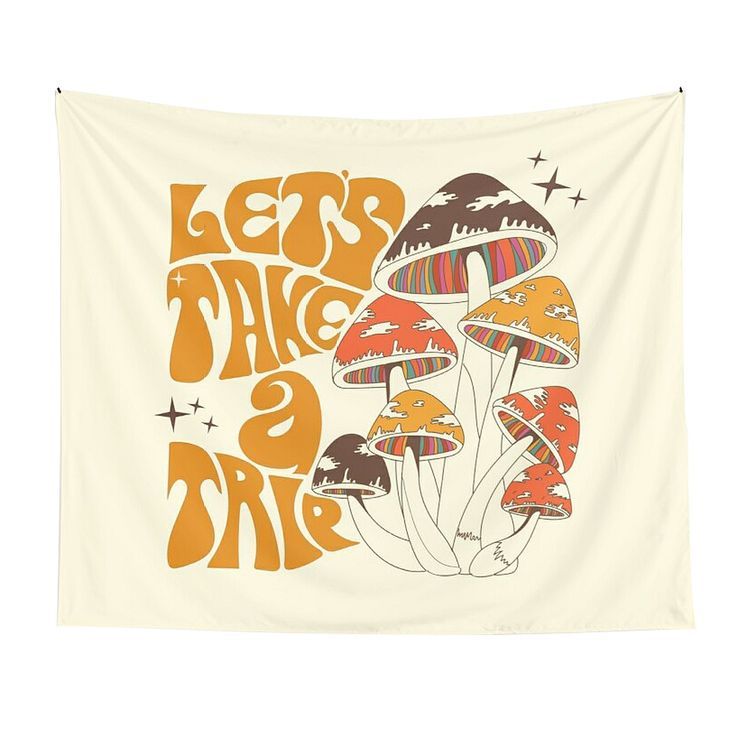 an orange and white tapestry with mushrooms on it that says let's take a bite