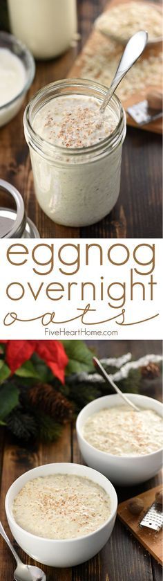 eggnog overnight pudding in two bowls with spoons