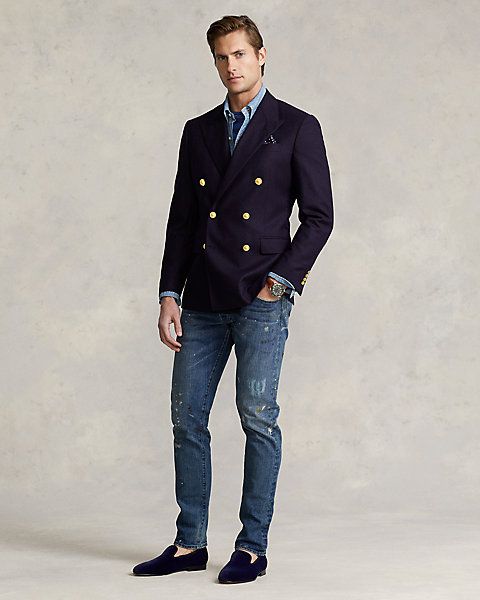 Double Breasted Blazer Men, Ralph Lauren Looks, Denim Outfit Men, Class Outfits, Mens Fashion Blazer, Preppy Look, Men’s Suits, Ralph Lauren Outfits, Blazer With Jeans