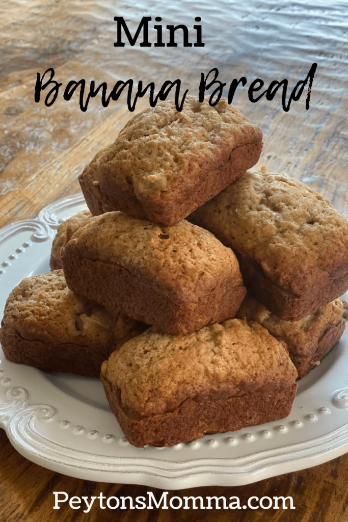 several muffins stacked on top of each other in front of the words, mini banana bread