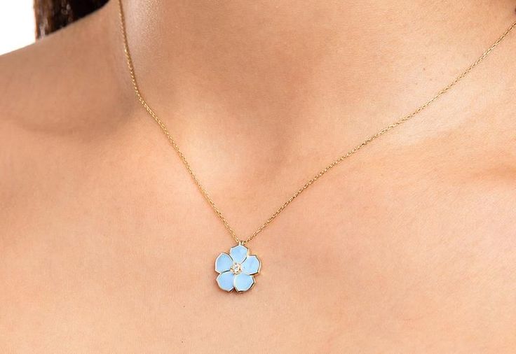 This Blue Flower Necklace and chain are 14K Solid GOLD ( not filled or plated). Blossom necklace has a very sweet blue color. Solid Gold Cherry Blossom in 14K Yellow Gold, Rose Gold, White Gold. #blueflowernecklace #FlowerNecklace #GoldNecklace #CustomNecklace #FloralNecklace #solidgoldnecklace #daisynecklace #clovernecklace #goldpendant #giftforher #christmasgift #valentinesdaygift #romanticgifts #etsy #etsyseller #etsyjewelry #mothergift #birthdaygift Blue Flower Pendant Necklace Gift For Her, Blue Dainty Flower Pendant Necklace, Elegant Blue Flower Pendant Jewelry, Blue Flower Pendant Fine Jewelry Necklace, Elegant Blue Flower-shaped Necklace, Flower Necklace Gold, Chic Winter Style, Fashion Accessories Trends, Fall Fashion Accessories