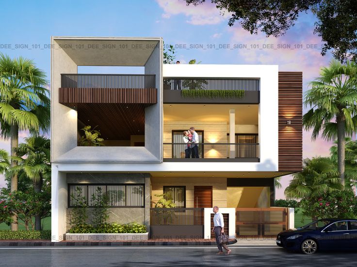 two story house with balconyes and balconies on the second floor, surrounded by palm trees