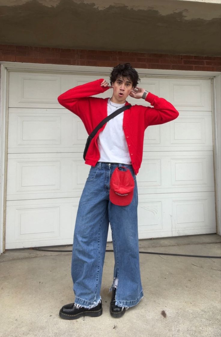 Orange Shirt Outfit Men Casual, Red Cardigan Outfit Men, Cardigan Outfit Streetwear, Red Outfit Aesthetic Men, Outfit Ideas Men Streetwear, Red Streetwear Outfit, Japanese Street Fashion Men, Cardigan Outfit, Red Streetwear