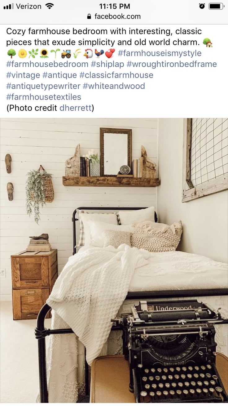 a bedroom with an old fashioned typewriter on the bed