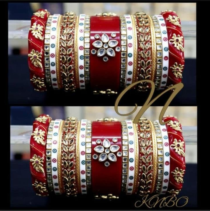 Spread Your Charm Everywhere With This Enchanting Red & White Chura Set. Center Piece Is Beautified With High Quality Glass Kundan In Floral Shape Fitting. Thin Glass Kundan Bangles Are Placed At Both Side Of Center Piece. Golden Metal Figures Kada At Both End Of This Ensemble Are Making It More Adorable. Be An Angel And Create A Splendid Impact On Everyone By Wearing This Gorgeous Design. This Is A Set Of 34 Bangles (17 For Each Hand). Marwari Wedding, Acrylic Bangles, Bangles Bridal, Metal Figures, Beaded Bangles, Wedding Jewelry Sets Bridal Jewellery, Bridal Chura, Unique Bangle, Kundan Bangles