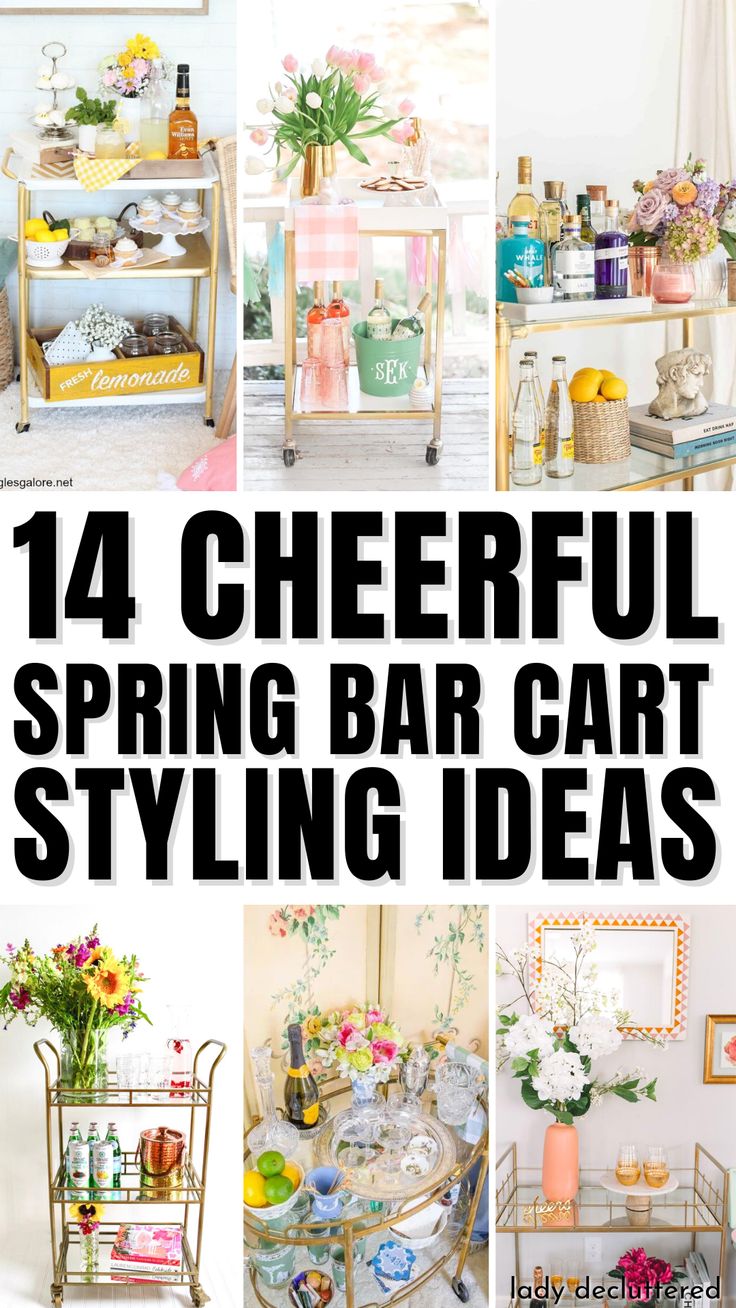 14 Cheerful Spring Bar Cart Styling Ideas Boho Bar Cart Decor, Spring Bar Cart Decor, Small Bar Cart Decor, Spring Bar Cart Styling, How To Decorate A Bar Cart, Bar Carts Ideas Decor, Tea Cart Decor, Tea Cart Ideas, Bar Cart Styling Apartments