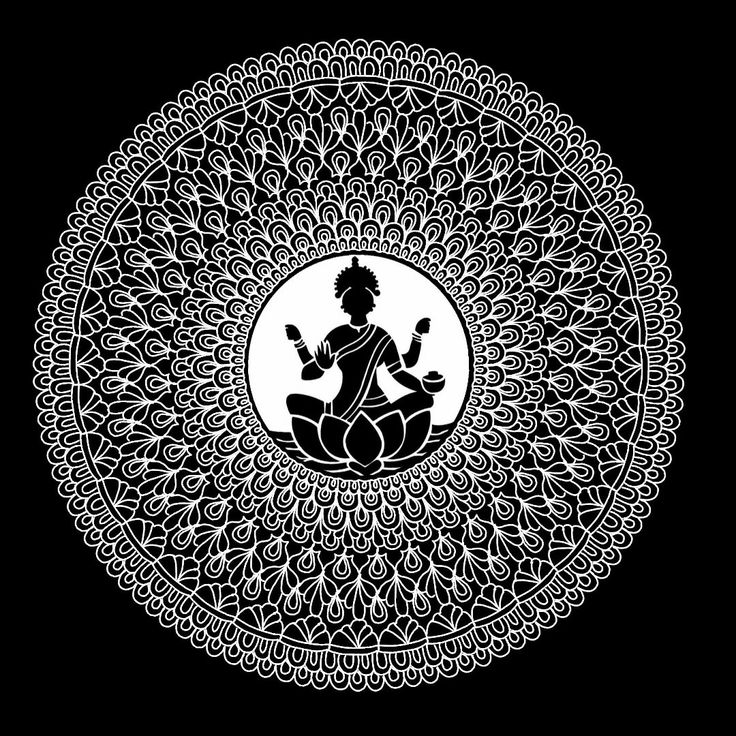 a buddha sitting in the middle of a circular pattern on a black and white background