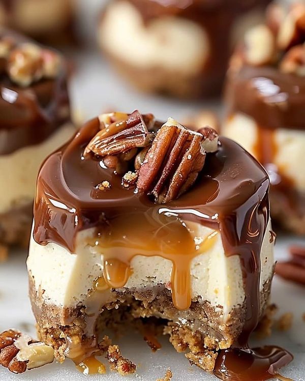 there is a piece of cake with pecans on top and caramel drizzle