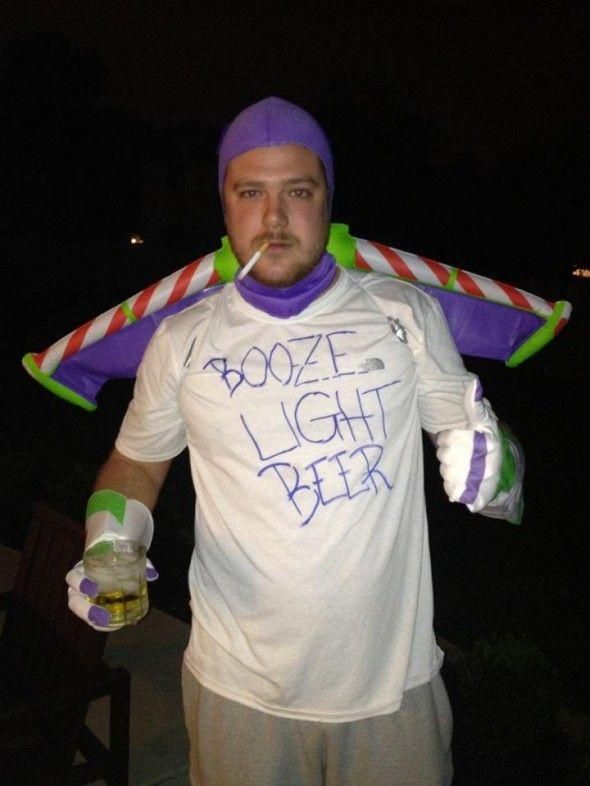 a man wearing a costume that says booze light beer