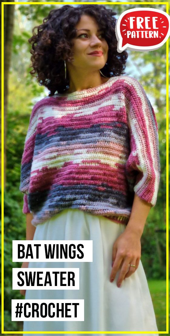 a woman wearing a striped sweater with text overlay that reads, bat wings sweater crochet