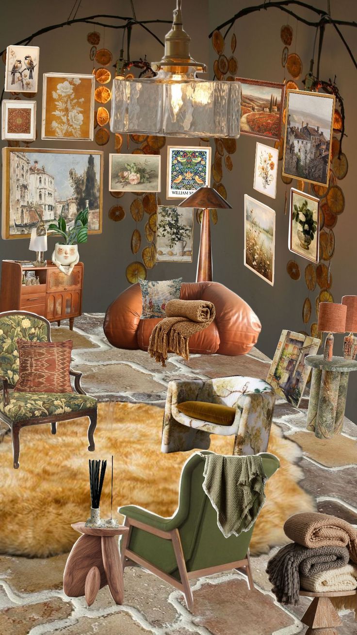 a living room filled with furniture and pictures on the wall