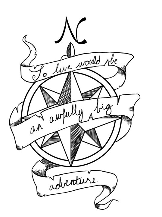 an ink drawing of a compass with the words adventure on it and some ribbons around it