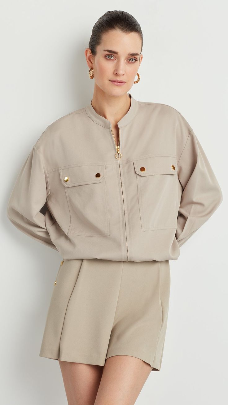 Dress it up, or dress this down. This lightweight utility bomber is a trendy but classic must-have item of the season. Gold Hardware Zip Closure Unlined Utility Clothing, Blazer With Shorts, Sailor Shorts, Fashion Tops Blouse, Summer Staples, Dressed Down, Model Dress, Business Fashion, Fashion Tops