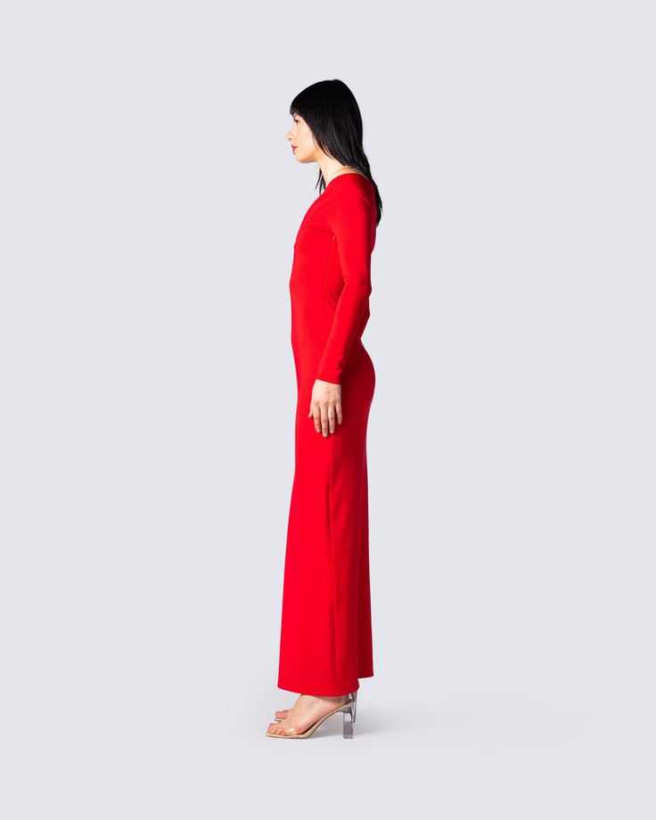 Brooke Red Maxi Dress Red Long Sleeve Elegant Bodycon Dress, Glamorous Red Stretch Dresses, Elegant Red Long Sleeve Bodycon Dress, Elegant Long Sleeve Red Bodycon Dress, Glamorous Red Long Sleeve Bodycon Dress, Red Stretch V-neck Maxi Dress, Fitted Long Sleeve Dress For Red Carpet, Flirty Stretch Maxi Dress For Evening, Chic Red Maxi Dress For Formal Occasions