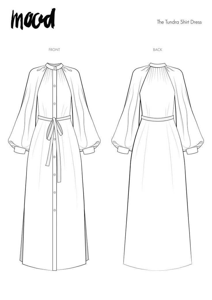 the front and back view of an unlined dress with long sleeves, tied at the waist