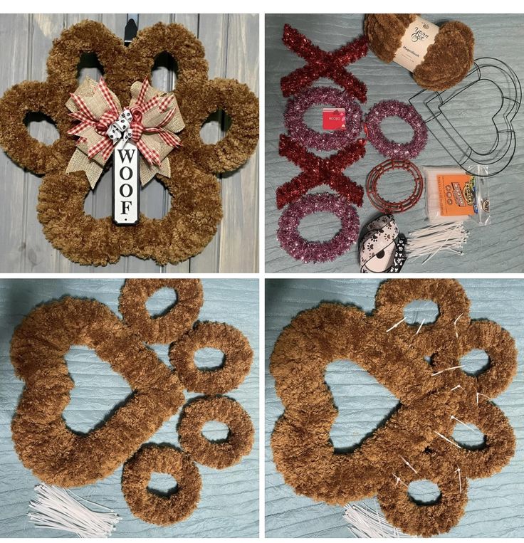 four different pictures of teddy bears made out of yarn and scissors, with the words boo on them