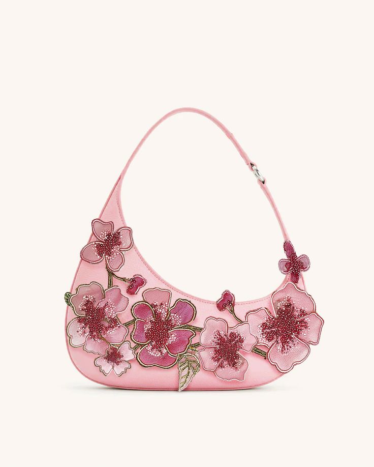 Pink Handheld Baguette Bag For Evening, Embroidered Top Handle Shoulder Bag, Spring Embroidered Bag, Spring Evening Handheld Shoulder Bag, Spring Party Bag With Floral Embroidery, Spring Party Bags With Floral Embroidery, Spring Embroidered Shoulder Bag For Shopping, Embroidered Leather Evening Bag, Spring Embroidered Handheld Shoulder Bag