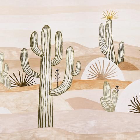 a desert scene with cacti and mountains in the background, painted by hand