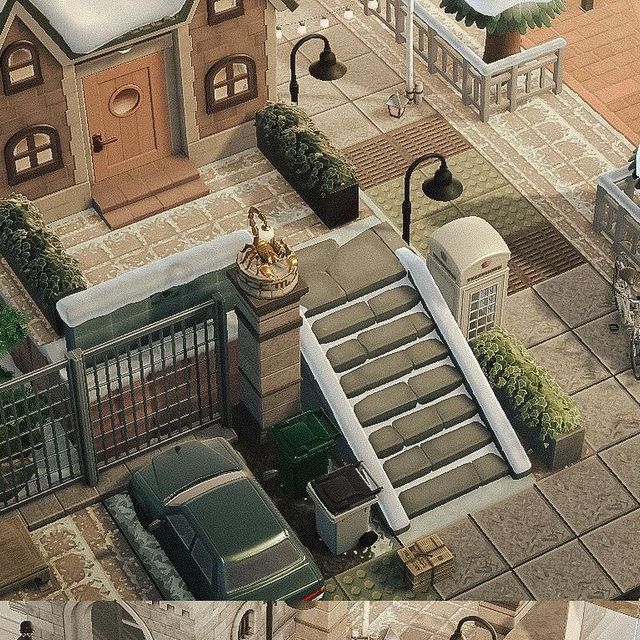 this is an aerial view of a house and its surrounding courtyard, with stairs leading up to the front door