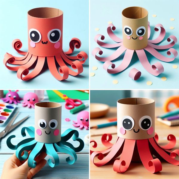 four different pictures of an octopus made out of toilet paper and some scissors on the table