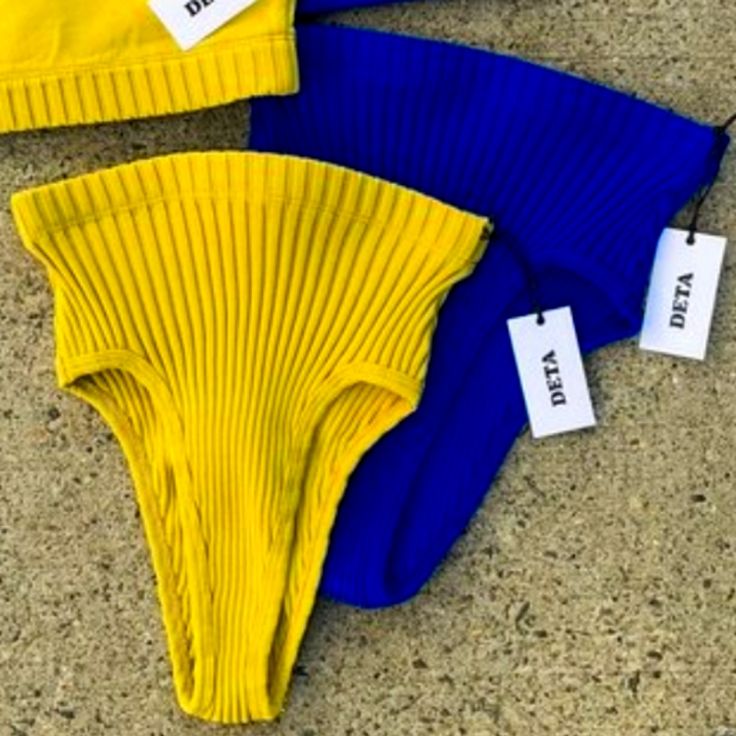 Knit In Brooklyn Ny Set Of 2 Large Mustard And Cobalt Purchased From Garmentory Didn't End Up Fitting New With Tags Ships From Hawaii Made In Hawaii Ribbed Tops For The Beach, Ribbed Bottoms For Poolside Summer, Ribbed Bottoms For Beach Summer, Ribbed Knit Bottoms For Summer, Summer Ribbed Bottoms For Poolside, Ribbed Beachwear Bottoms For Summer, Summer Ribbed Poolside Bottoms, Spring Ribbed Stretch Swimwear, Ribbed High Stretch Bottoms For Summer