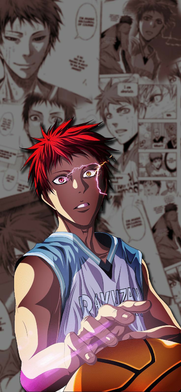 an anime character with red hair holding a basketball in front of a bunch of pictures