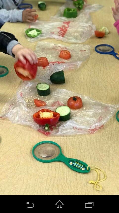 children are playing with vegetables and cutting them into small pieces on the table, while another child is using scissors to cut them