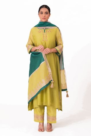 Lime green A-line kurta with embroidery along the neckline and sleeves. Paired with a pant and tissue applique work dupatta. - Aza Fashions Green Thread, Applique Work, A Line Kurta, Embroidered Neckline, Kurta With Pants, Pants Pattern, Pant Set, Embroidered Silk, Set For Women