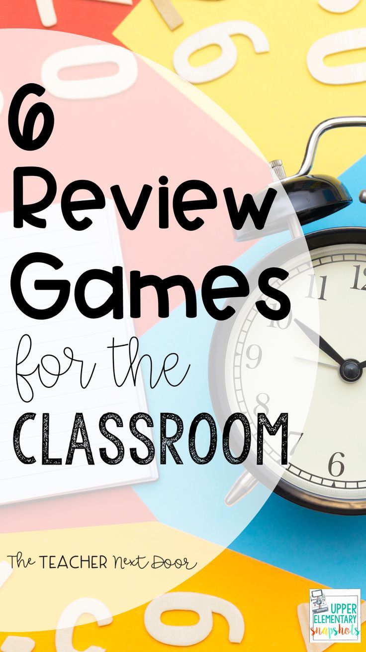 an alarm clock with the words review games for the classroom on top of it in front of colorful background