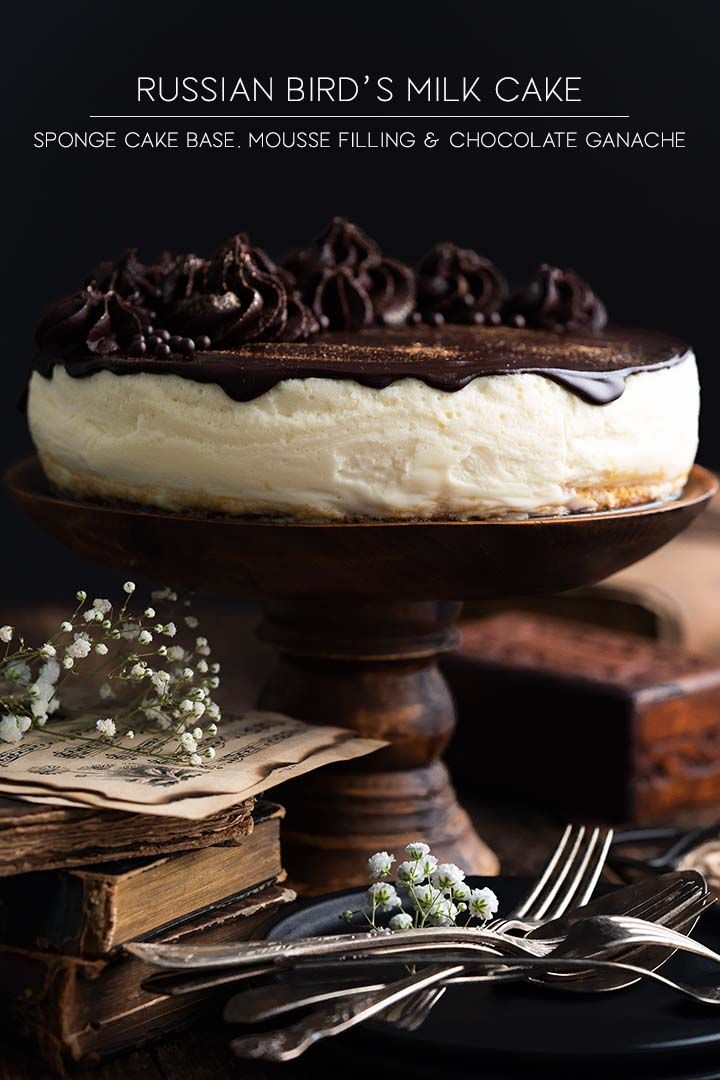 russian bird's milk cake with chocolate icing and white flowers on the side