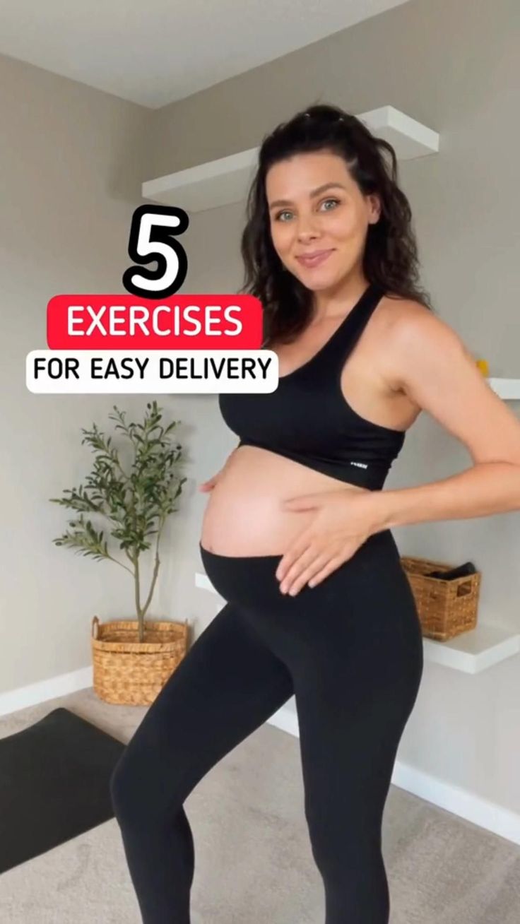 the pregnant woman is posing in her black top and leggings with text that reads 5 exercises for easy delivery